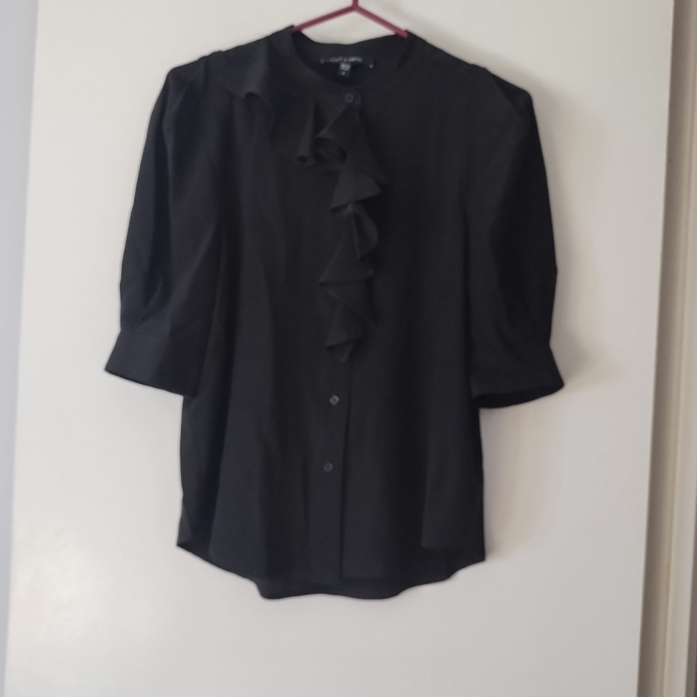 JUDITH & CHARLES Black Silk Ruffle Puff Sleeve Chance Blouse 6